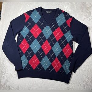 Hawick Knitwear Women’s 100% Lambswool Argyle Plaid Knit V Neck Blue Sweater L